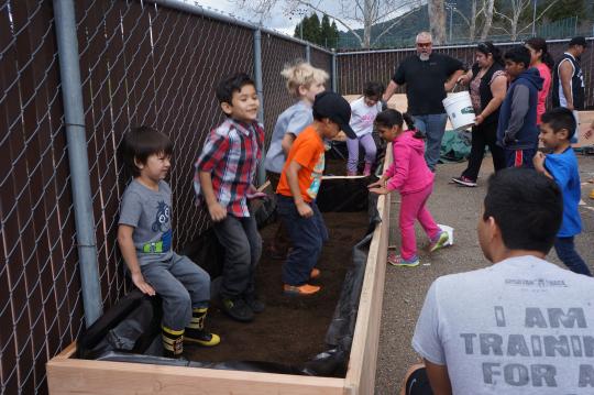 Kids helping build the garden