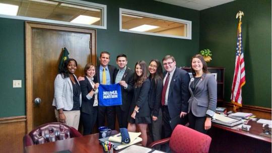 SSU Lobby Corps with Senator Mike McGuire from left to right: Asha Nettles, Mercedes Mack, Taylor Jarrett Bonilla, Kate Chavez, Andrea Aviles Cigarrostegui, Anthony Gallino and Claudia Sisomphou